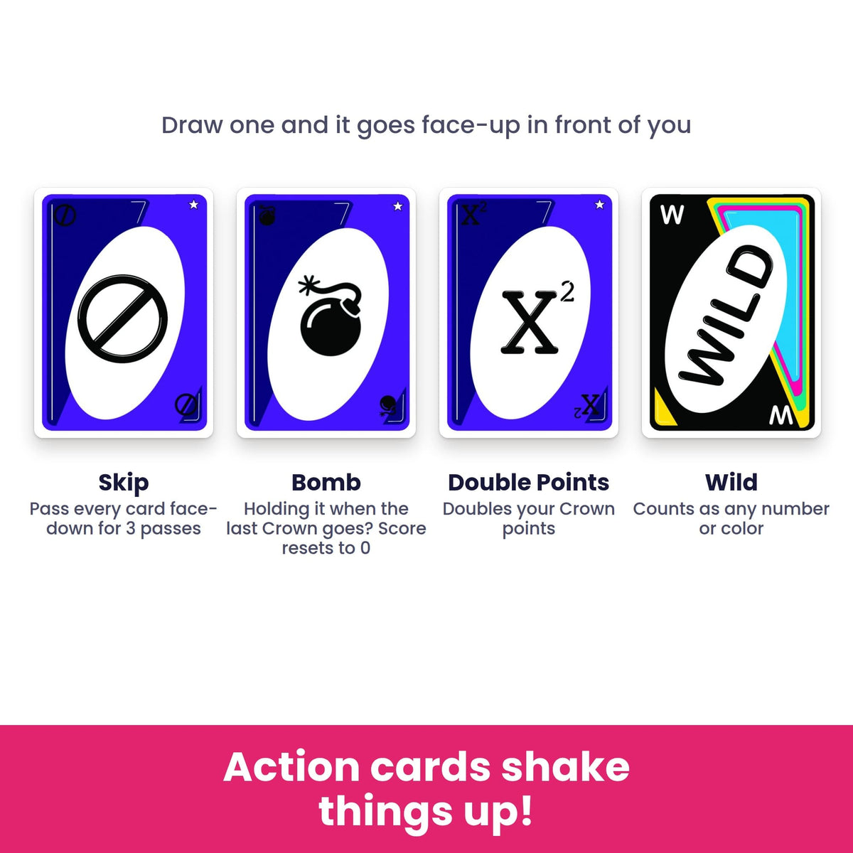 Collect 3 action cards: Skip, Bomb, Double Points and Wild